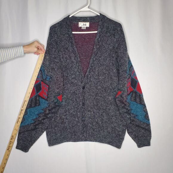 Jed 80s Vtg Cardigan Men Medium Gray Aztec South Western Grandpa Grunge Button - Picture 7 of 9